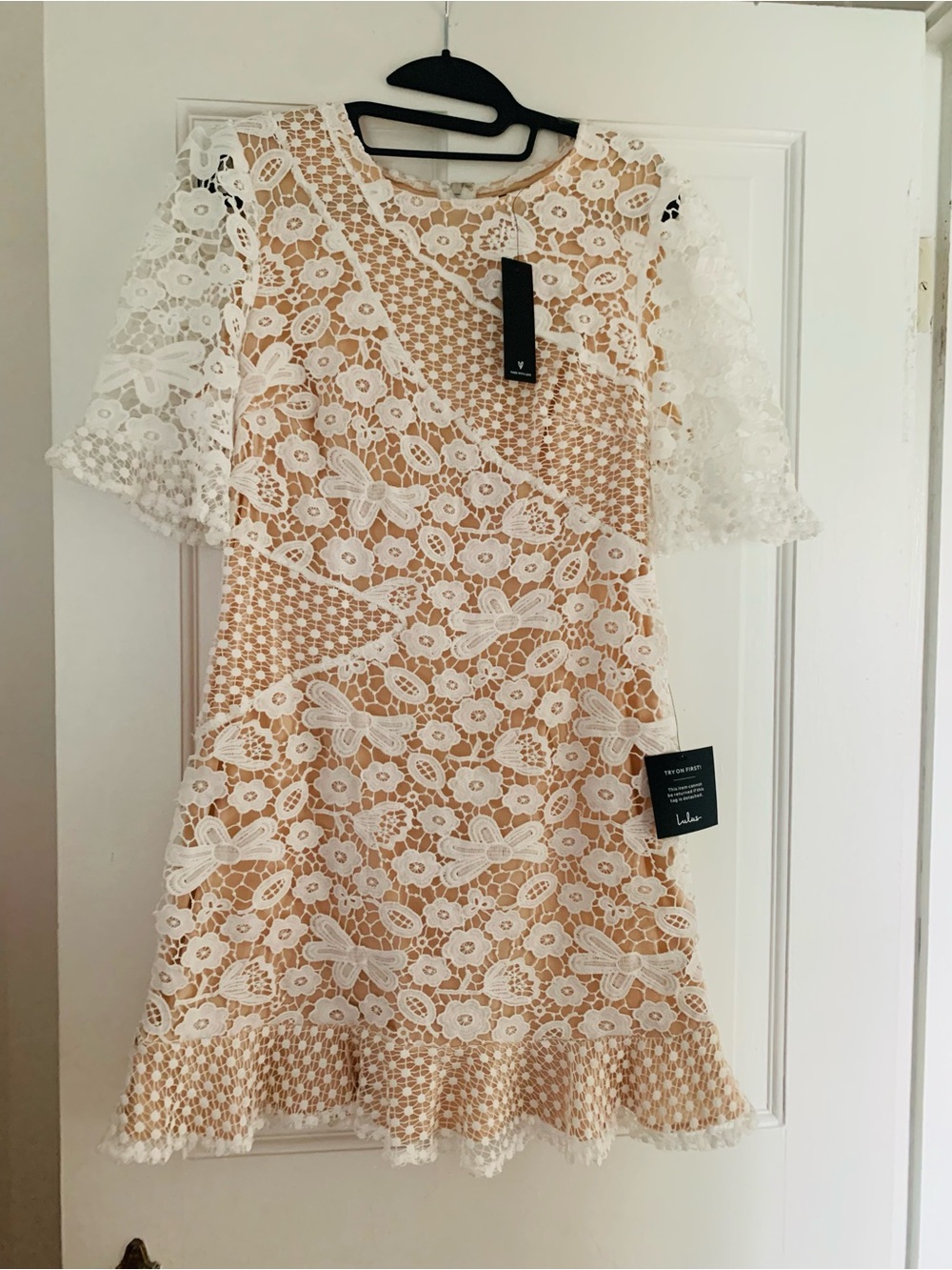 Lulus White Lace Overlay A-Line Dress with Cream Underlay